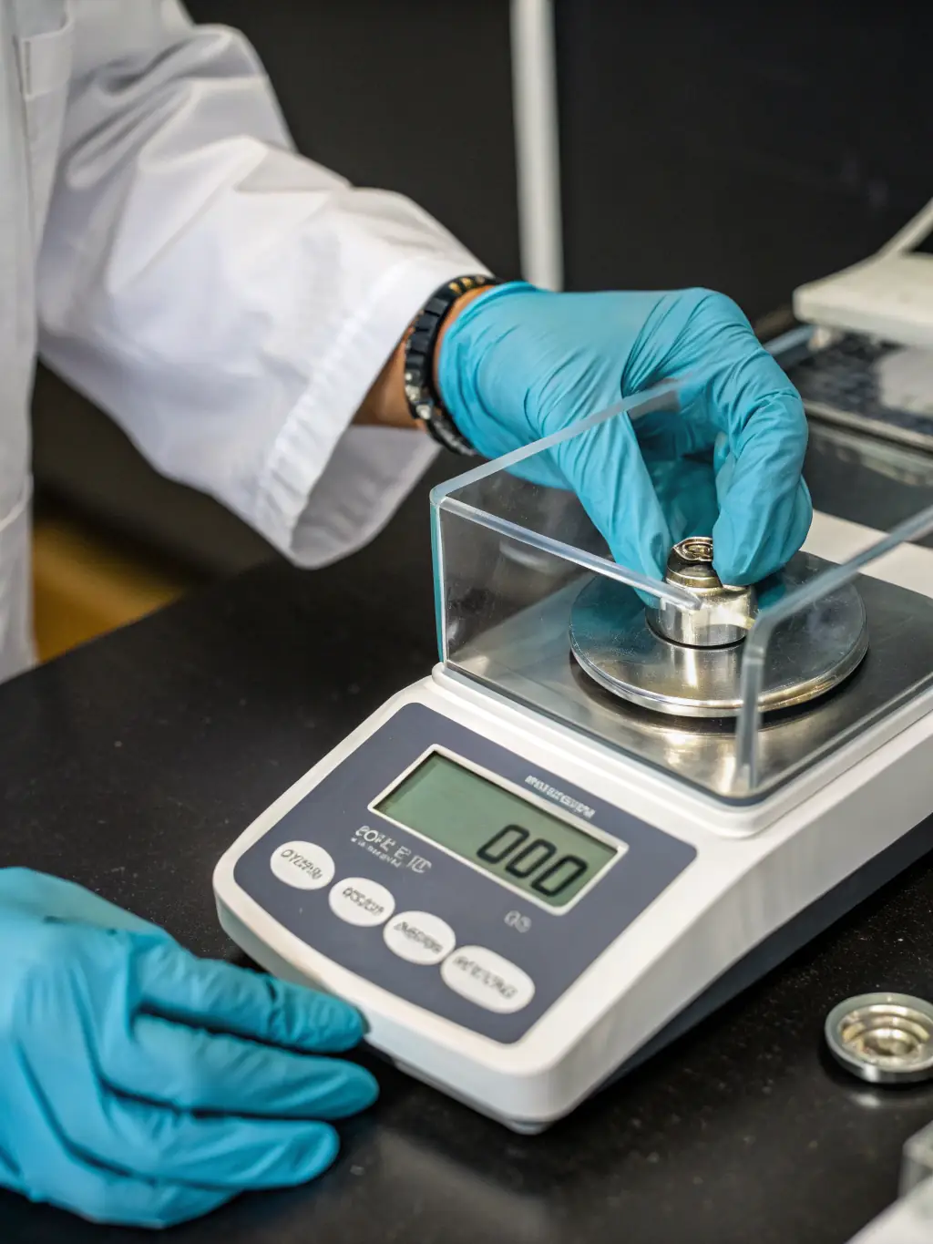 A technician calibrating a digital scale in a workshop, demonstrating the meticulous process and advanced technology used to ensure accuracy.