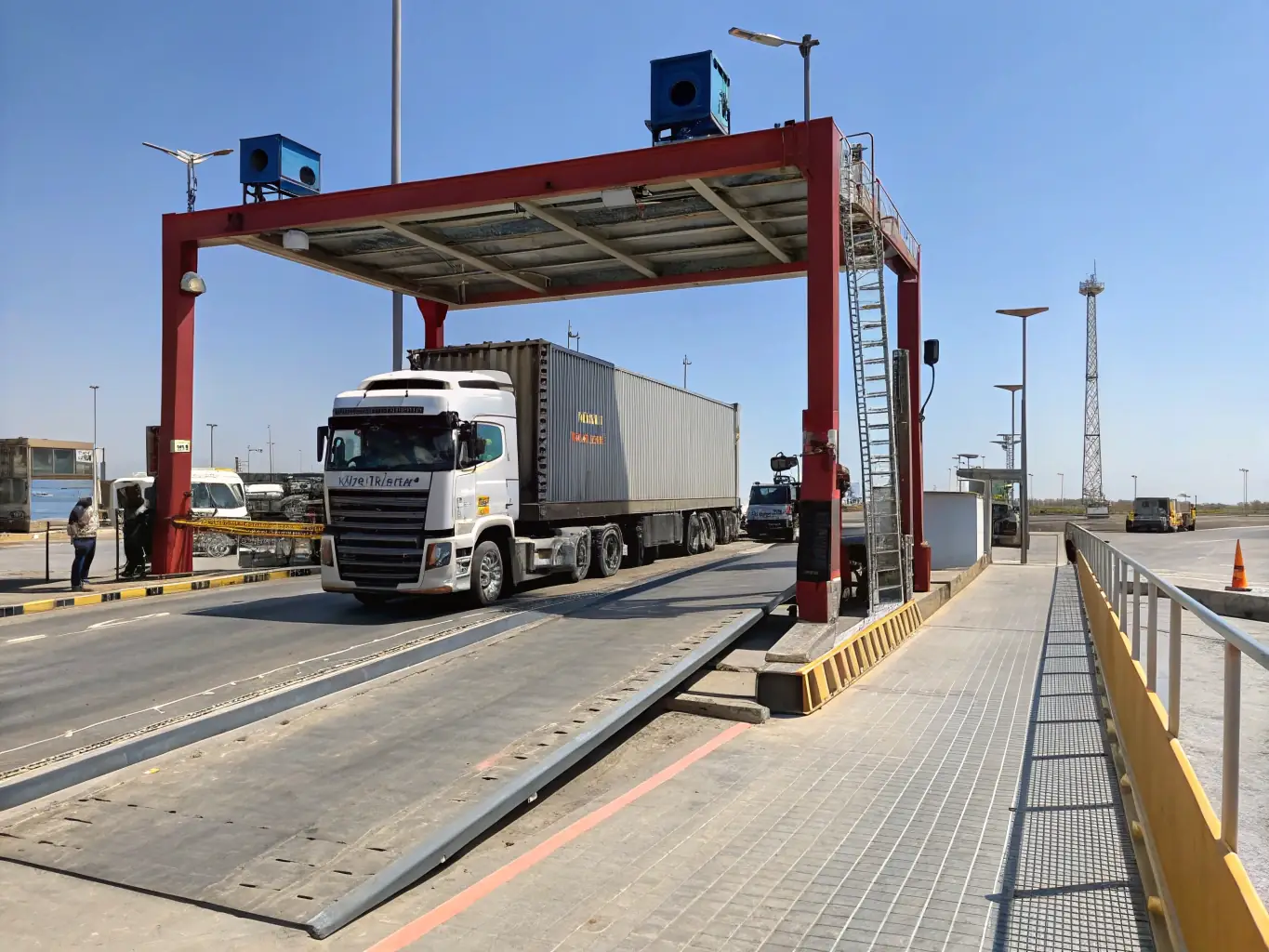 A high-resolution image of a modern weighbridge, emphasizing its robust construction and advanced sensor technology, set in an industrial environment with trucks being weighed.