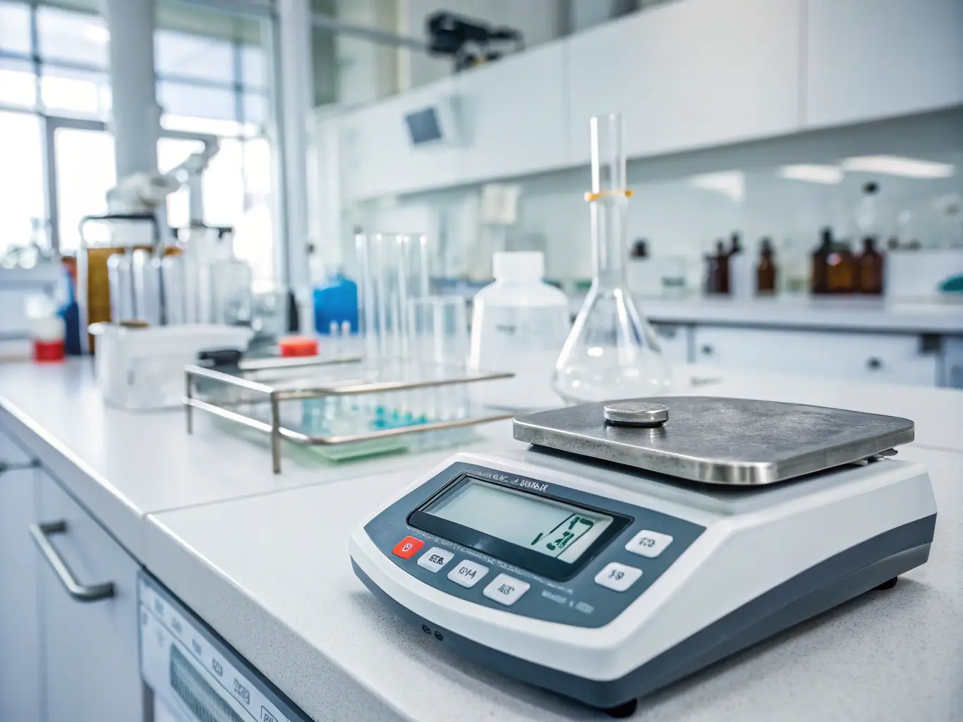 A detailed image of a precision scale used in a laboratory setting, highlighting its digital display and calibration features.